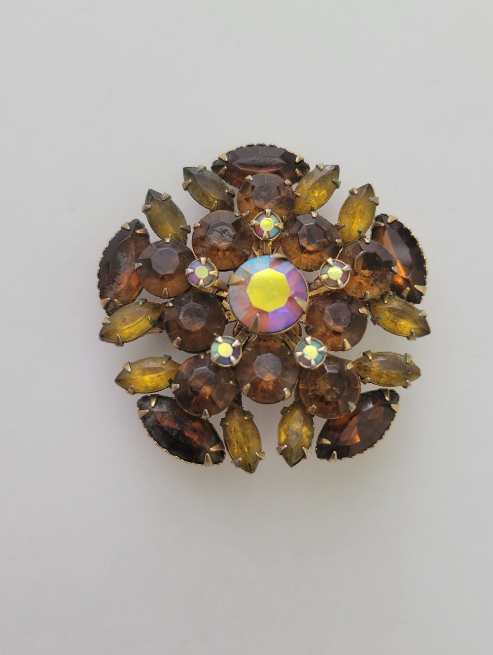 Vintage Gold Tone Amber AB Marquis and Round Clear Rhinestone Brooch Pin